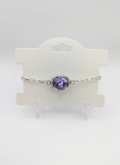 Purple Glitter Globe on Adjustable Silver Chunky Chain Bracelet