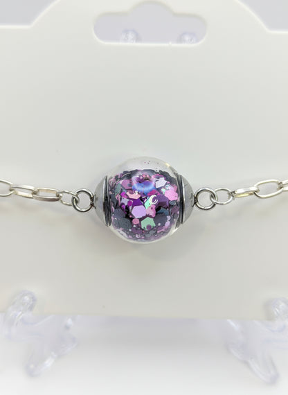 Purple Glitter Globe on Adjustable Silver Chunky Chain Bracelet