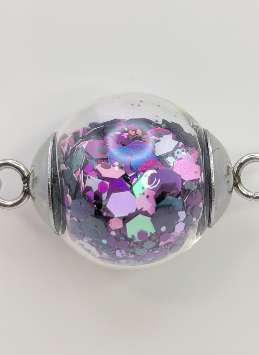 Purple Glitter Globe on Adjustable Silver Chunky Chain Bracelet