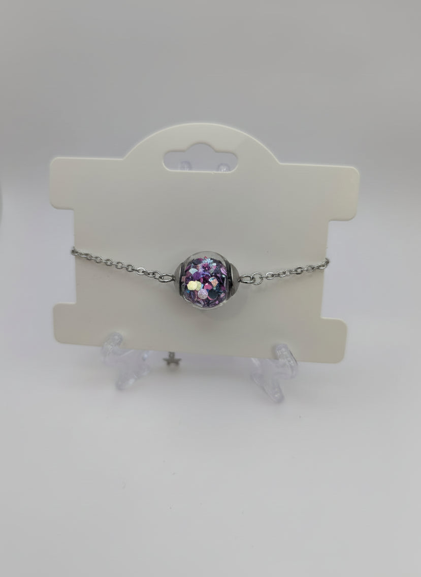 Purple Glitter Globe on Adjustable Silver Chain Bracelet