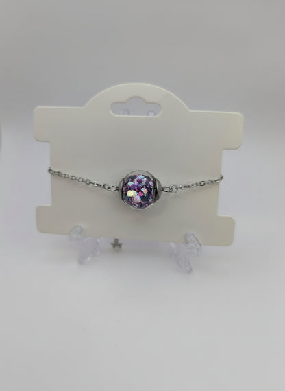 Purple Glitter Globe on Adjustable Silver Chain Bracelet