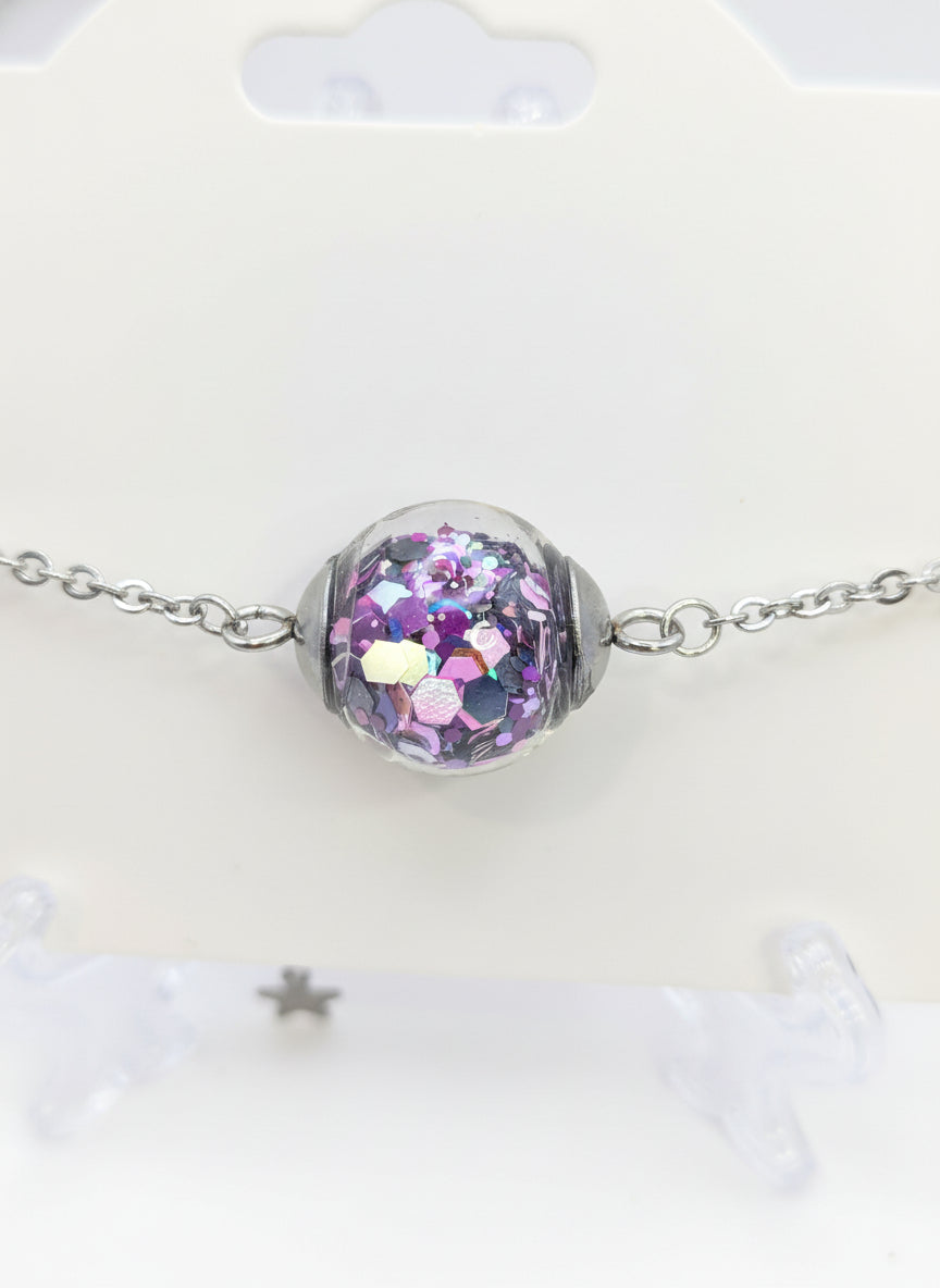Purple Glitter Globe on Adjustable Silver Chain Bracelet