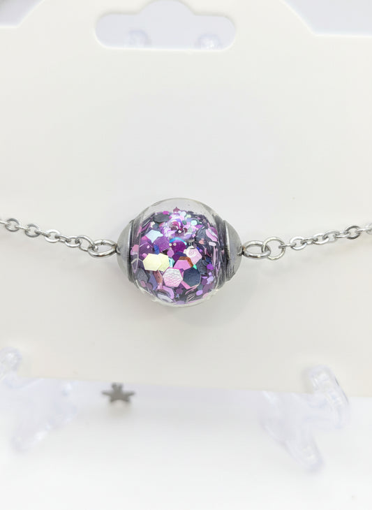 Purple Glitter Globe on Adjustable Silver Chain Bracelet