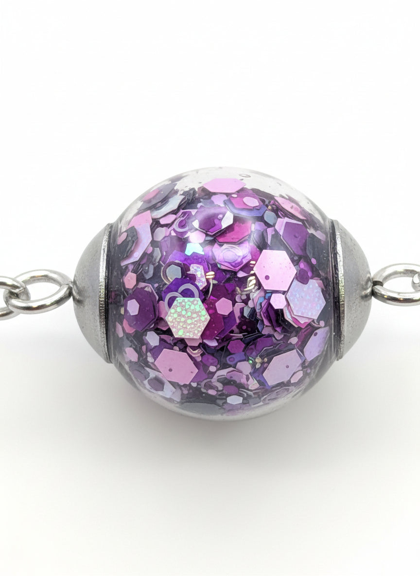 Purple Glitter Globe on Adjustable Silver Chain Bracelet