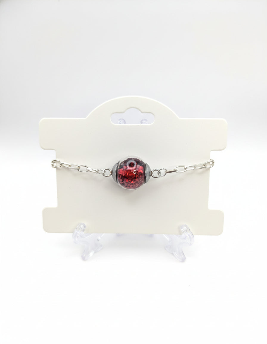Red Glitter Globe on Adjustable Silver Chunky Chain Bracelet