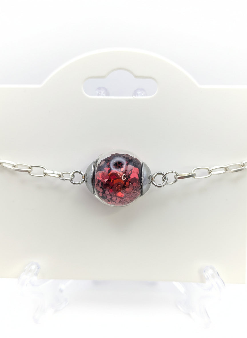 Red Glitter Globe on Adjustable Silver Chunky Chain Bracelet