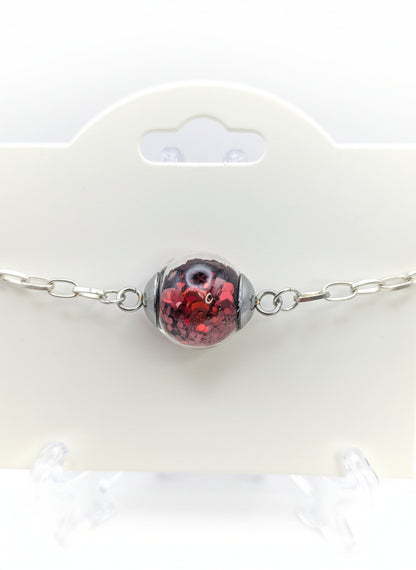 Red Glitter Globe on Adjustable Silver Chunky Chain Bracelet