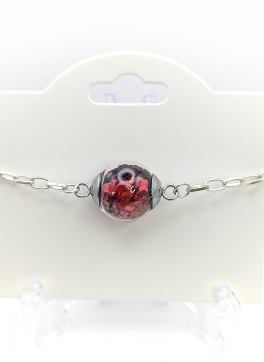 Red Glitter Globe on Adjustable Silver Chunky Chain Bracelet