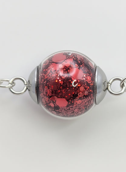Red Glitter Globe on Adjustable Silver Chunky Chain Bracelet