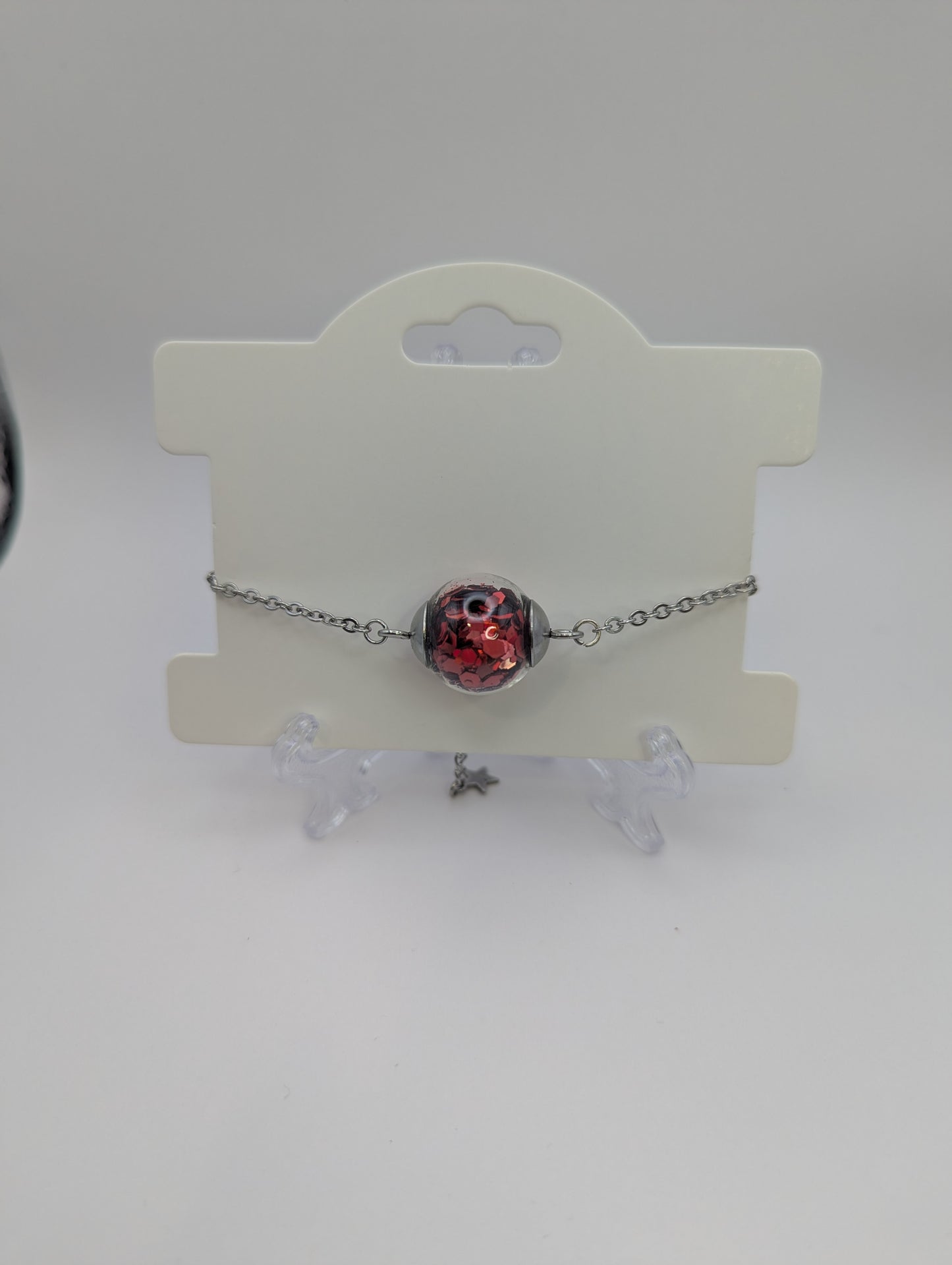 Red Glitter Globe on Adjustable Silver Chain Bracelet
