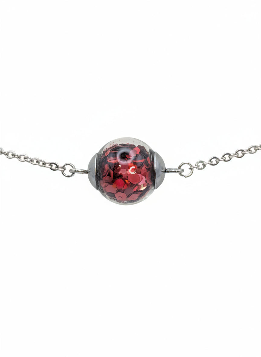 Red Glitter Globe on Adjustable Silver Chain Bracelet