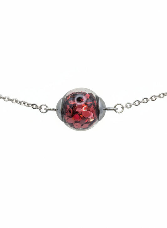 Red Glitter Globe on Adjustable Silver Chain Bracelet