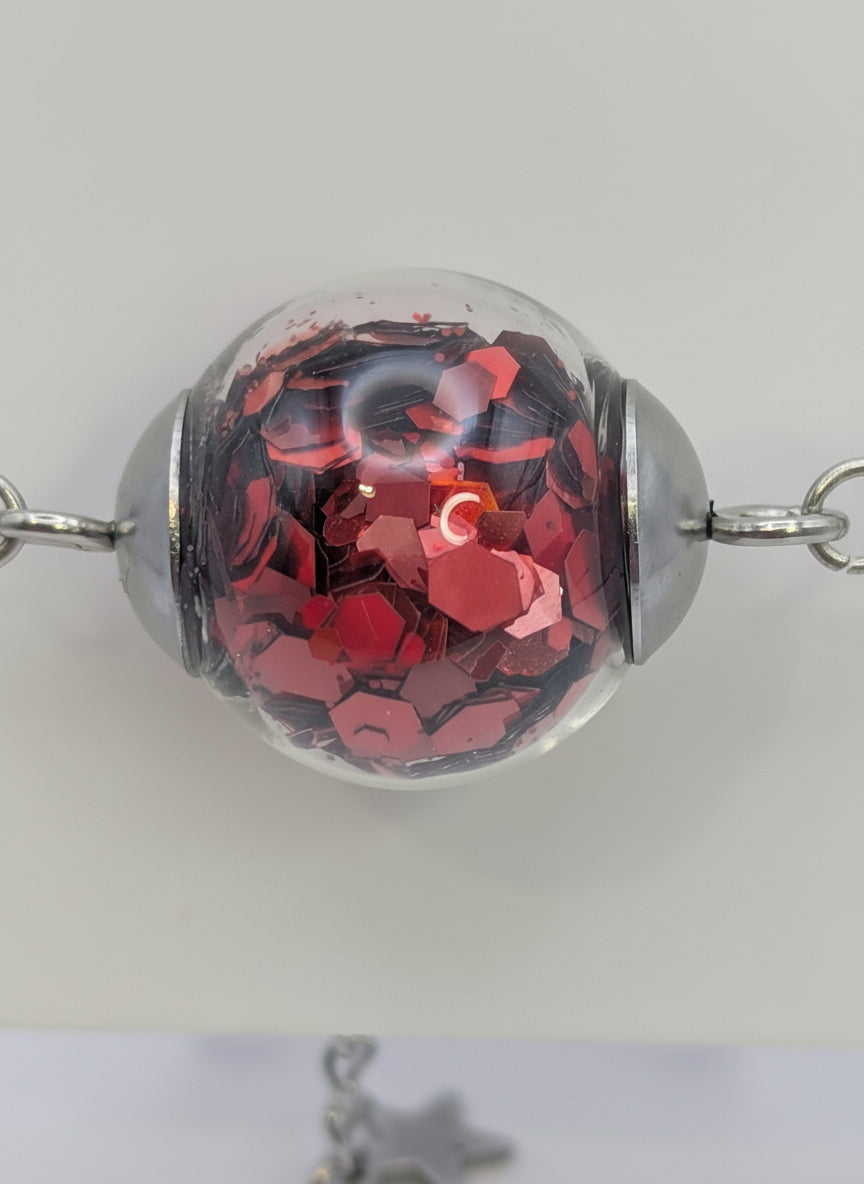 Red Glitter Globe on Adjustable Silver Chain Bracelet