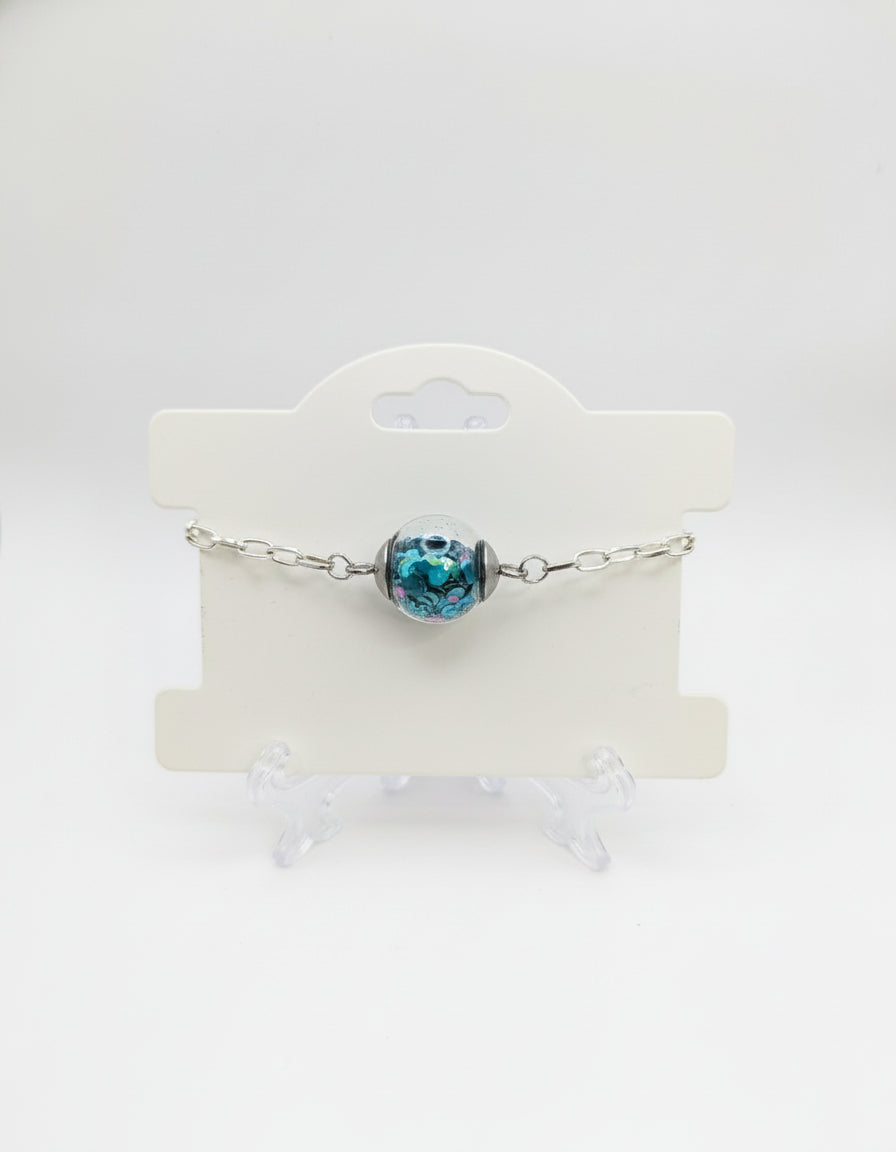 Teal Glitter Globe on Adjustable Silver Chunky Chain Bracelet