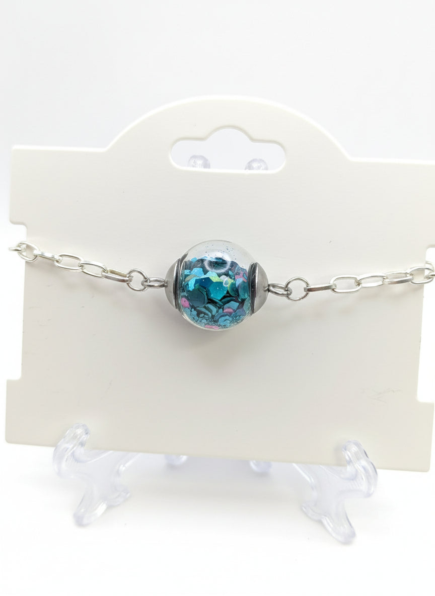 Teal Glitter Globe on Adjustable Silver Chunky Chain Bracelet