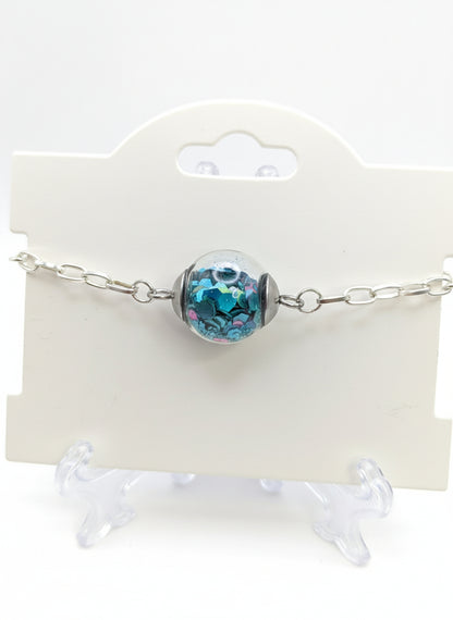 Teal Glitter Globe on Adjustable Silver Chunky Chain Bracelet