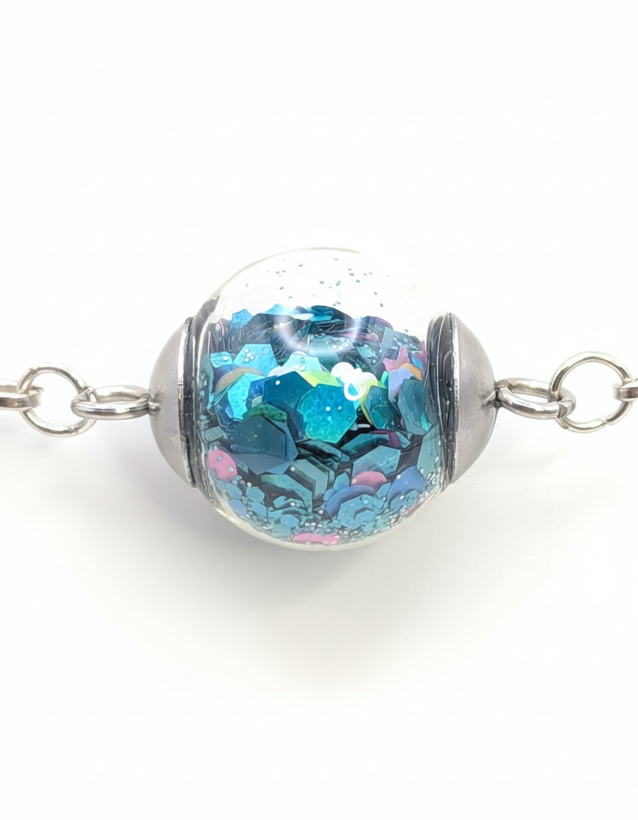 Teal Glitter Globe on Adjustable Silver Chunky Chain Bracelet