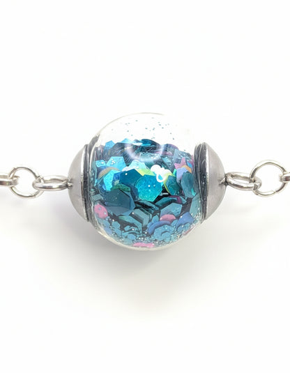 Teal Glitter Globe on Adjustable Silver Chunky Chain Bracelet