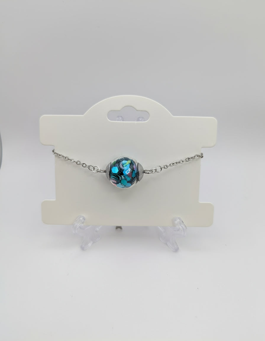 Teal Glitter Globe on Adjustable Silver Chain Bracelet