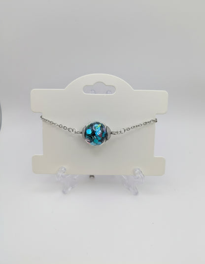 Teal Glitter Globe on Adjustable Silver Chain Bracelet