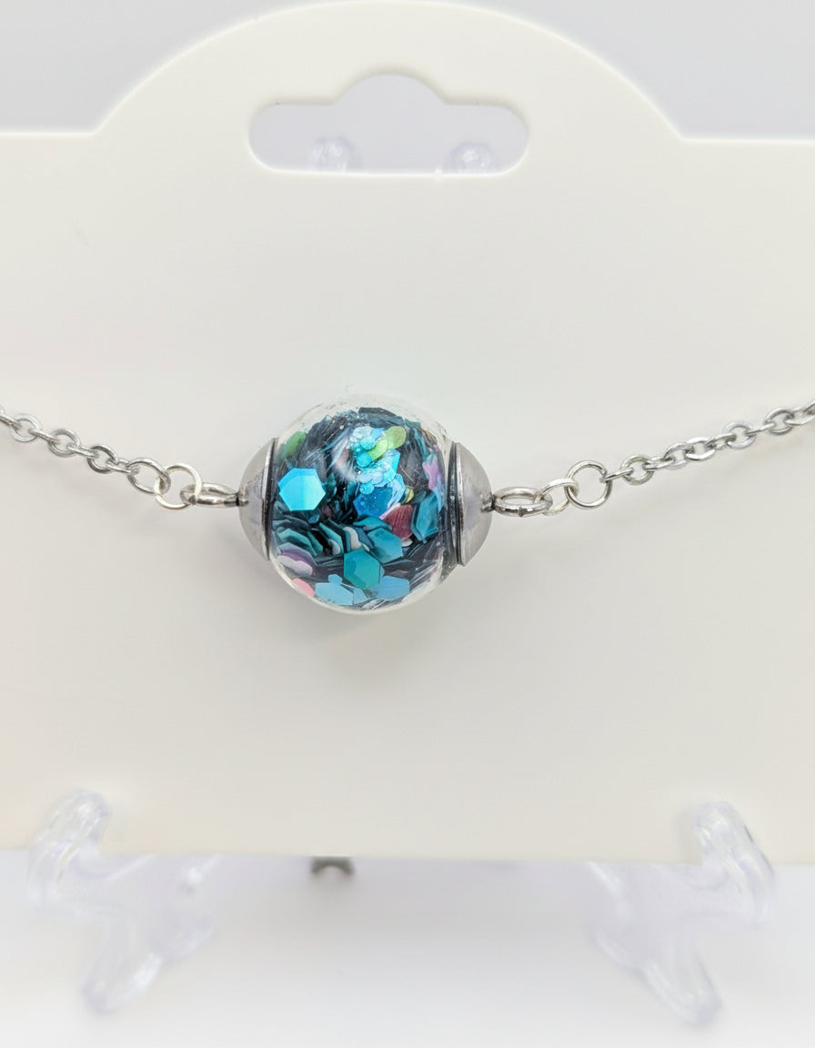 Teal Glitter Globe on Adjustable Silver Chain Bracelet