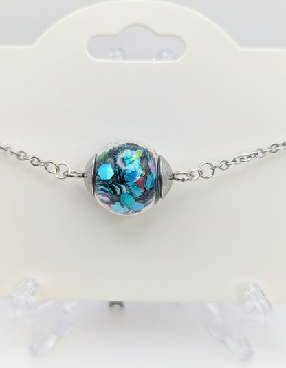 Teal Glitter Globe on Adjustable Silver Chain Bracelet
