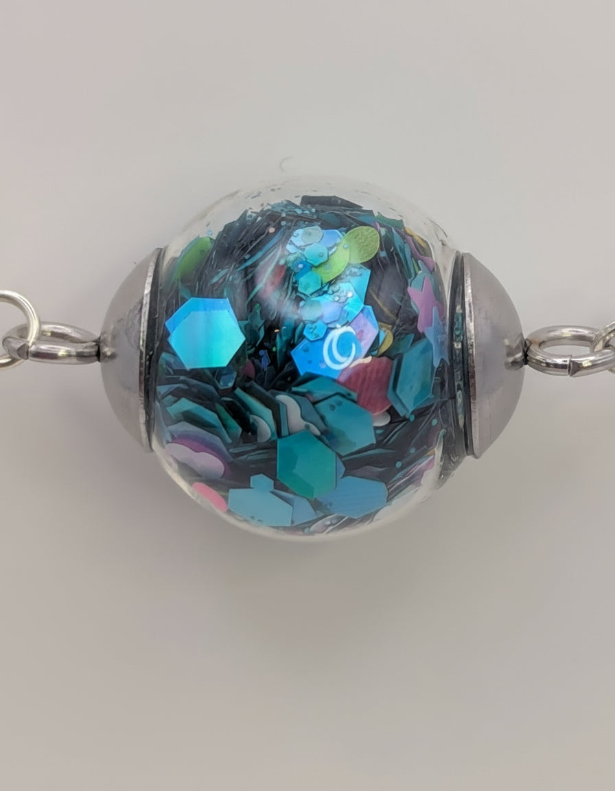 Teal Glitter Globe on Adjustable Silver Chain Bracelet