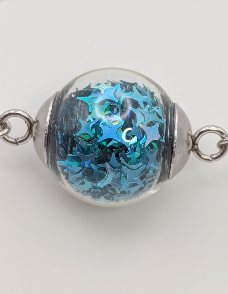 Aquamarine Star Glitter Globe on Adjustable Silver Chunky Chain Bracelet