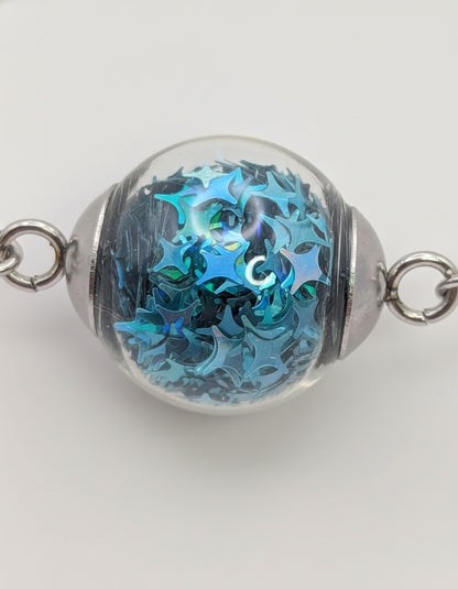 Aquamarine Star Glitter Globe on Adjustable Silver Chunky Chain Bracelet