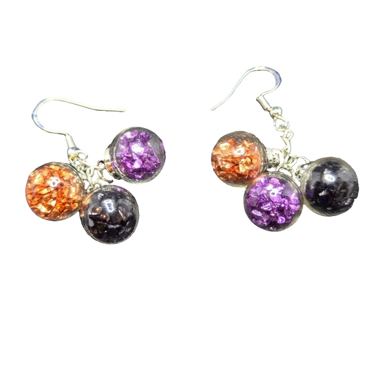 Black Purple & Orange Halloween Glitter Globe Cluster Earrings