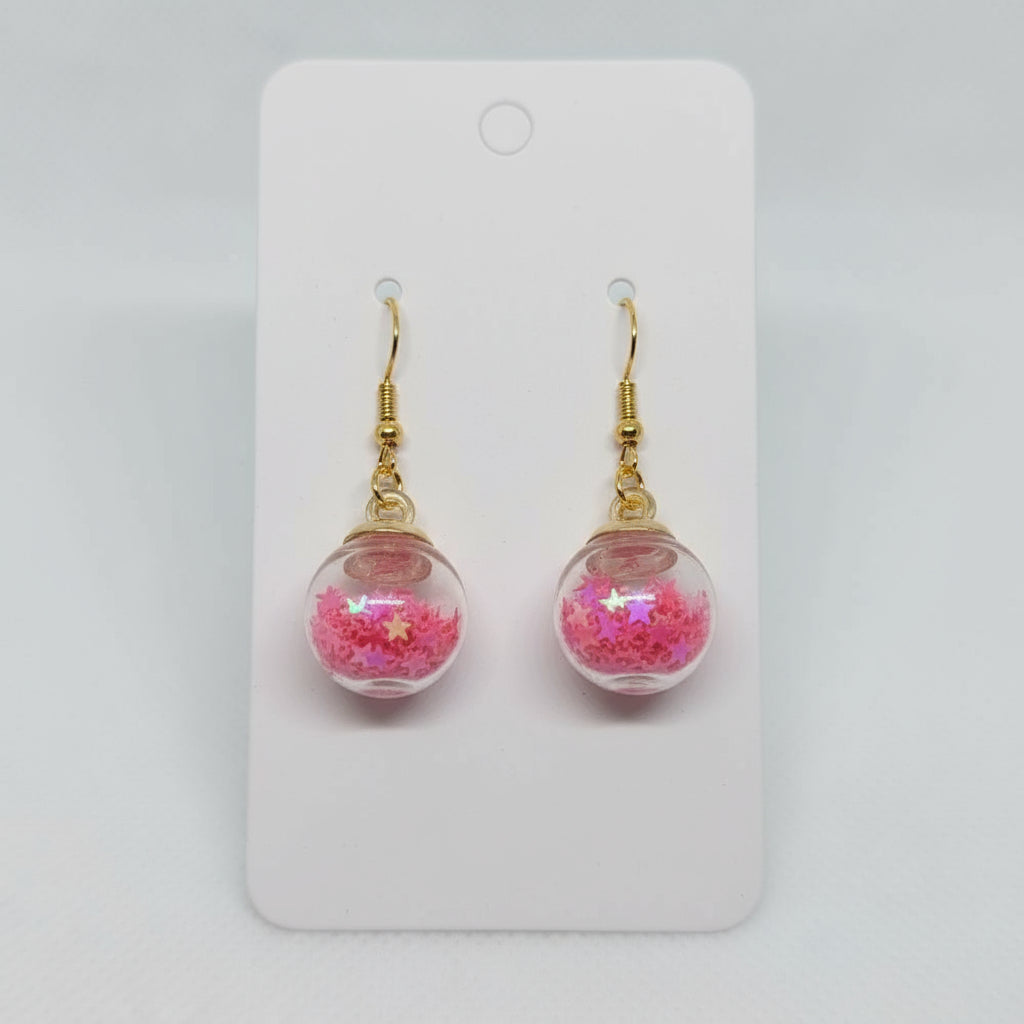 Hot Pink Star Glitter Globe Earrings