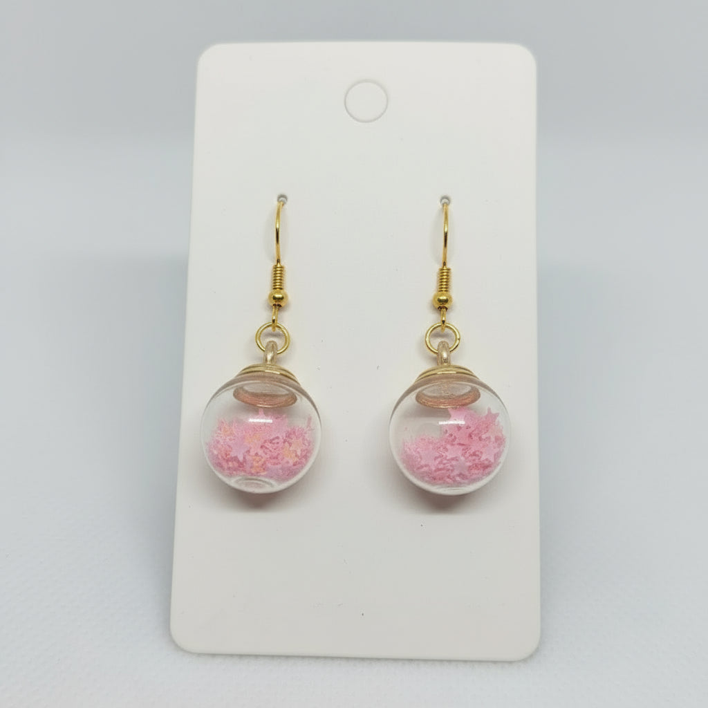 Rosy Star Glitter Globe Earrings