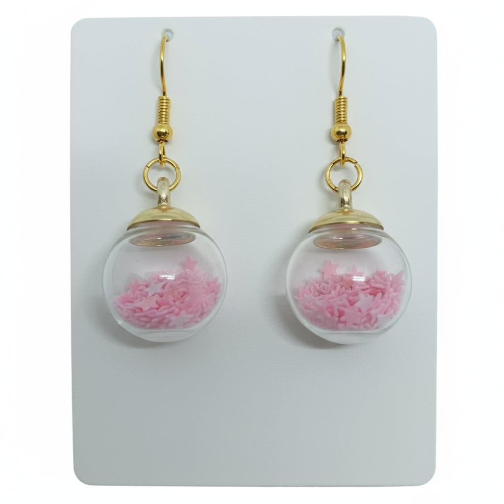 Rosy Star Glitter Globe Earrings