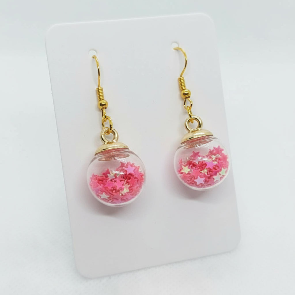 Hot Pink Star Glitter Globe Earrings