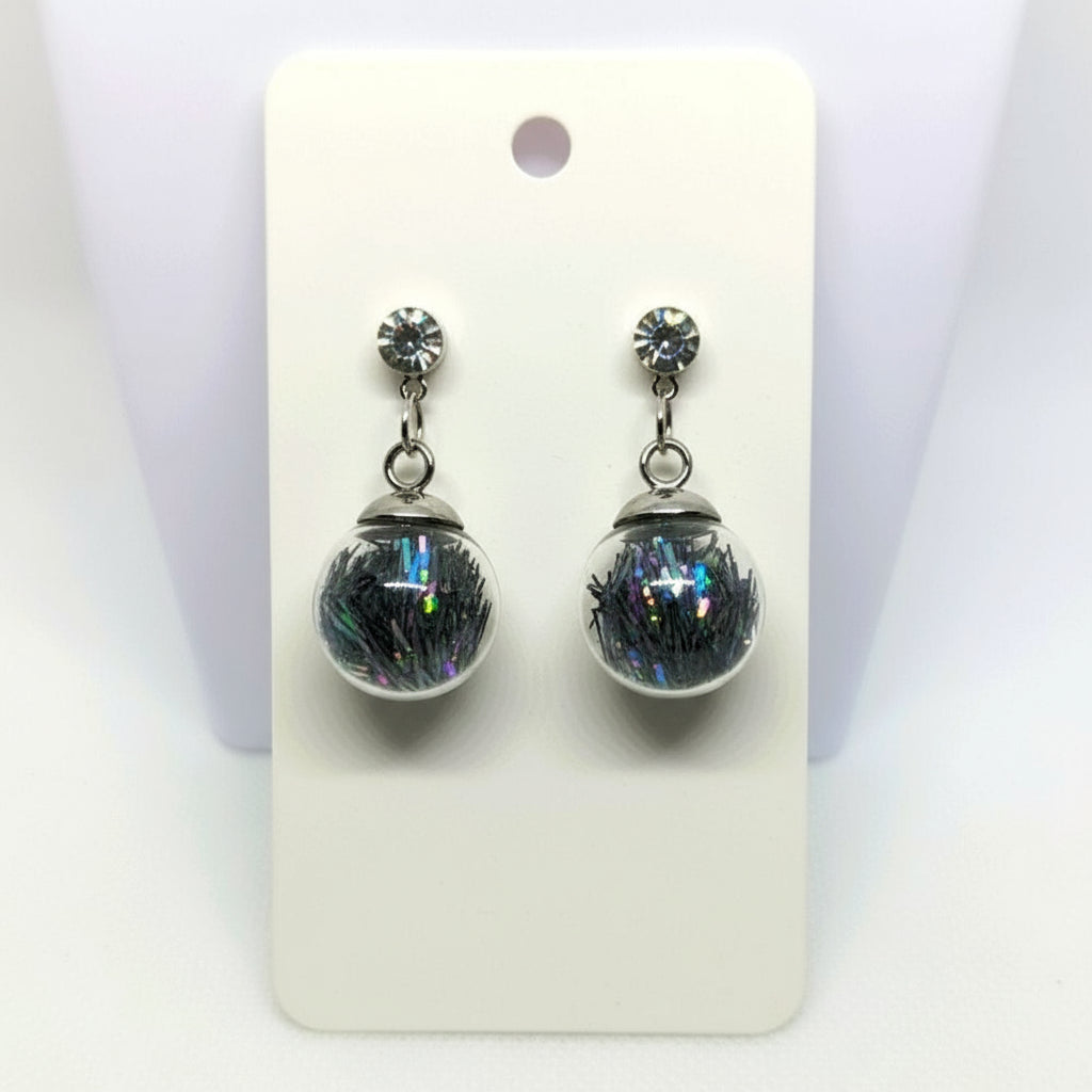 Silver Tinsel Rhinestone Globe Earrings