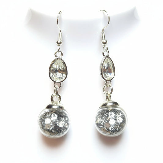 Crystal Silver Glitter Globe Earrings