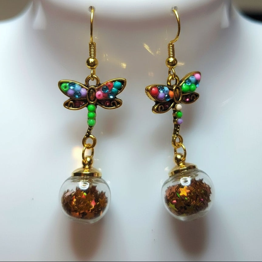 Gold Dragonfly & Glitter Earrings