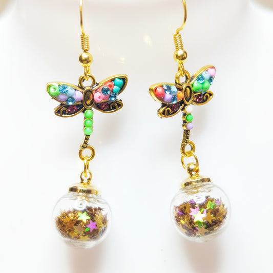 Gold Dragonfly & Glitter Earrings