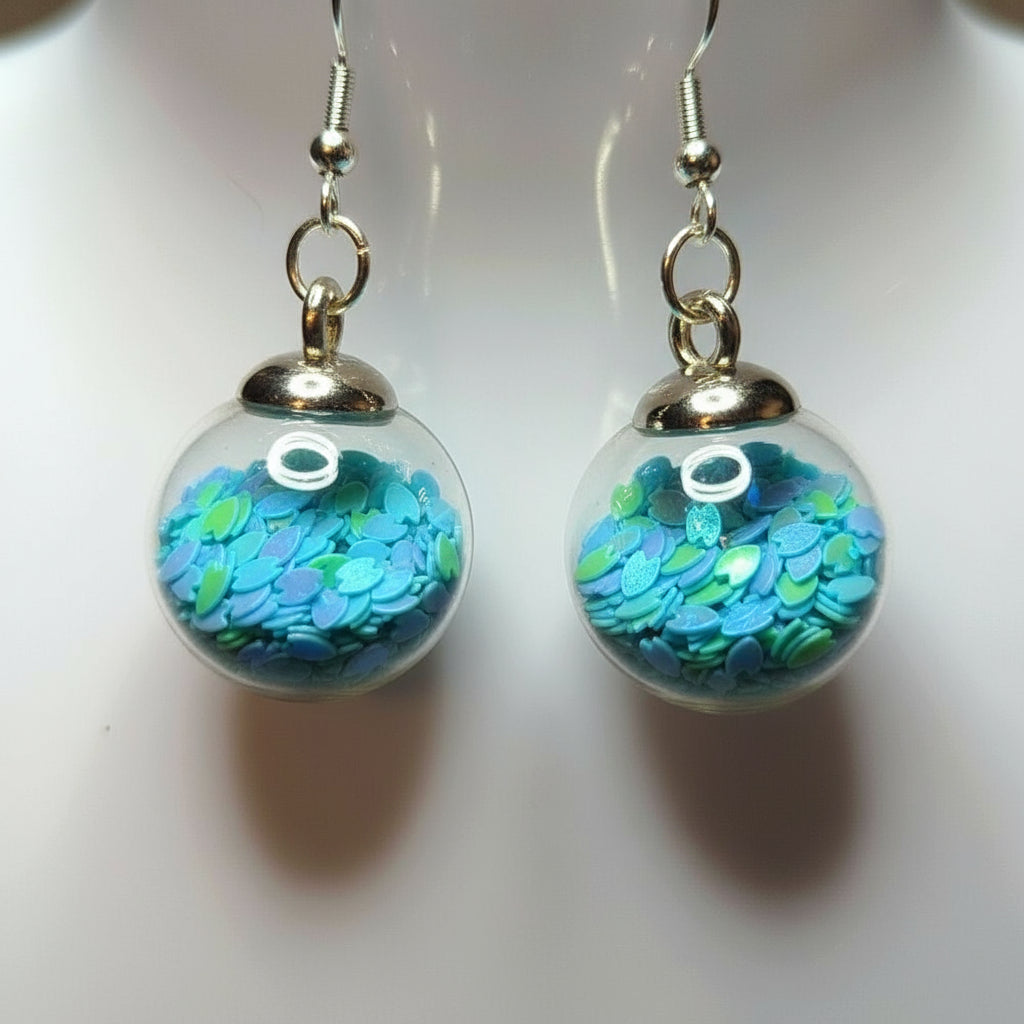 Sky-Blue Heart Glitter Globe Earrings
