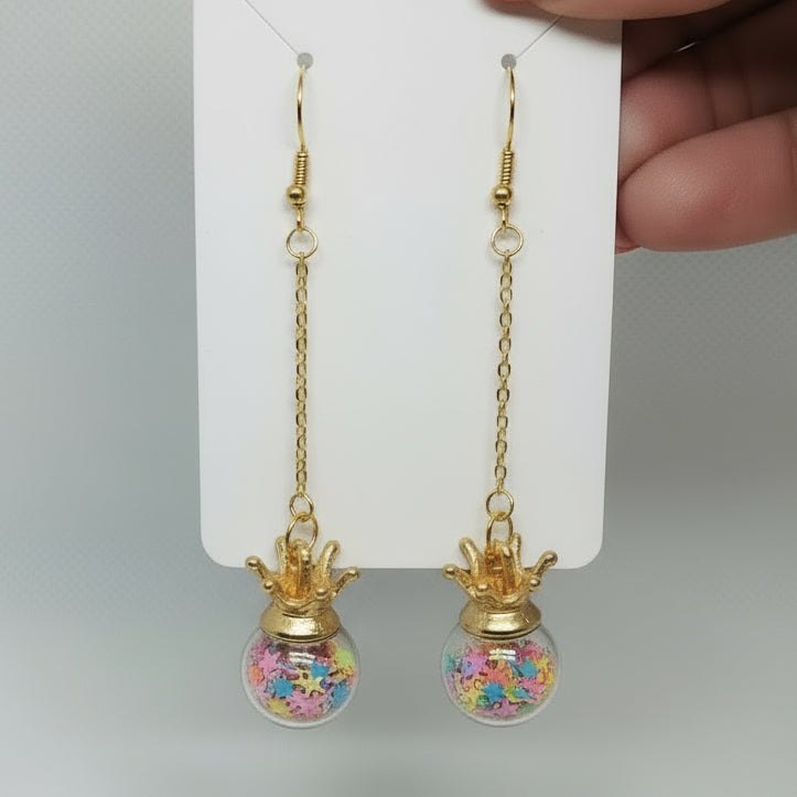 Crowned Multicolor Glitter Drop Earrings