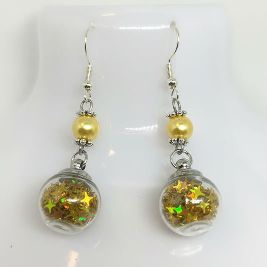 Gold Pearl & Glitter Globe Earrings