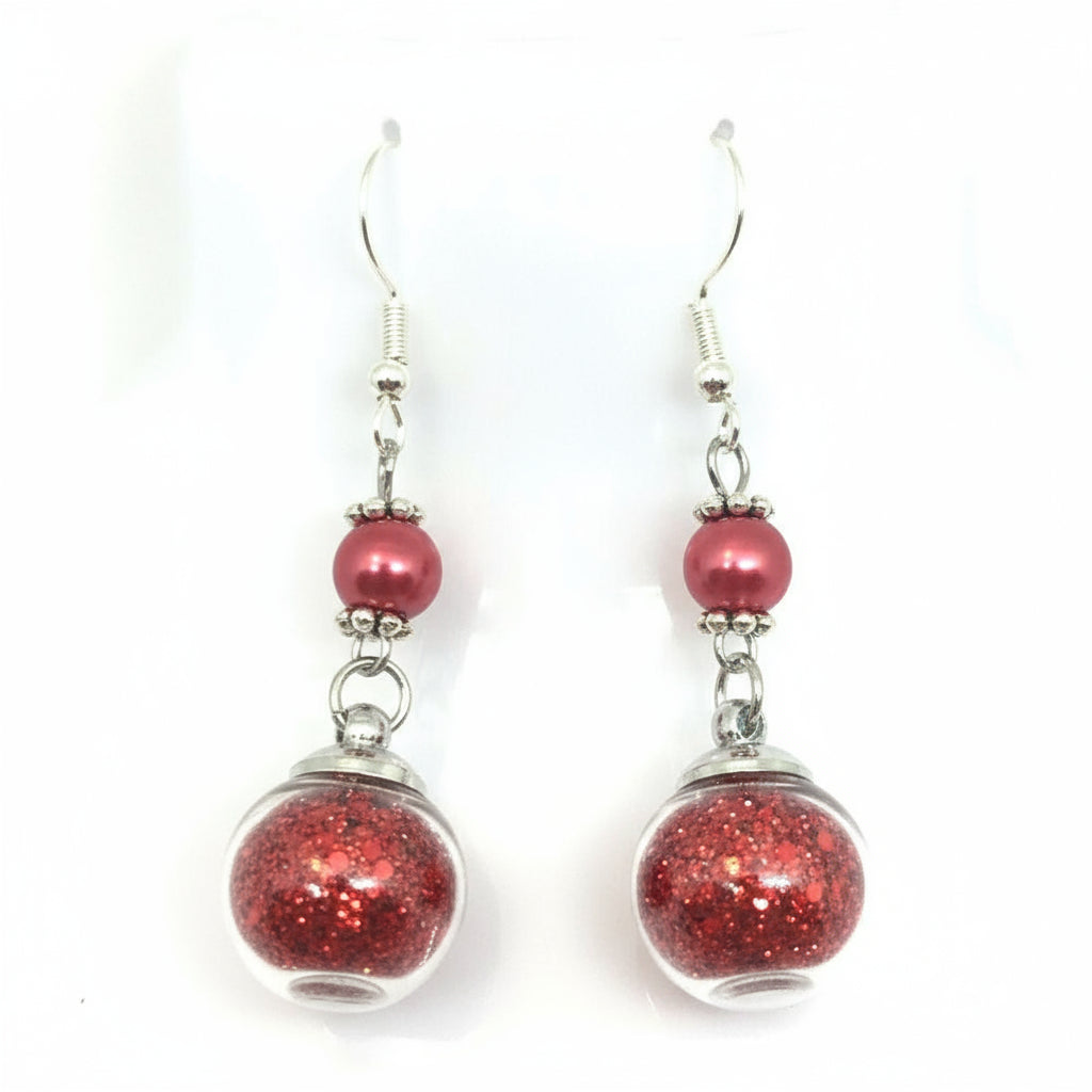 Scarlet Pearl & Glitter Globe Earrings