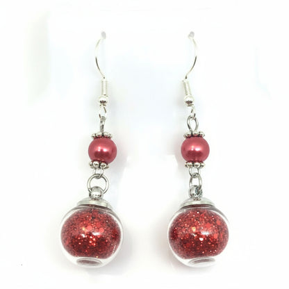 Scarlet Pearl & Glitter Globe Earrings