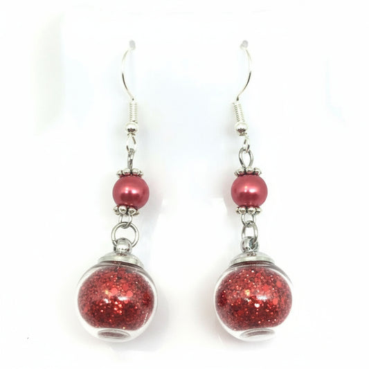 Scarlet Pearl & Glitter Globe Earrings