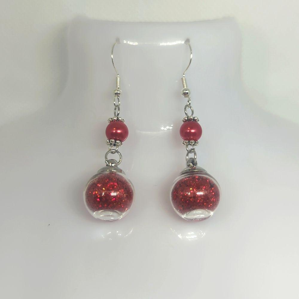 Scarlet Pearl & Glitter Globe Earrings