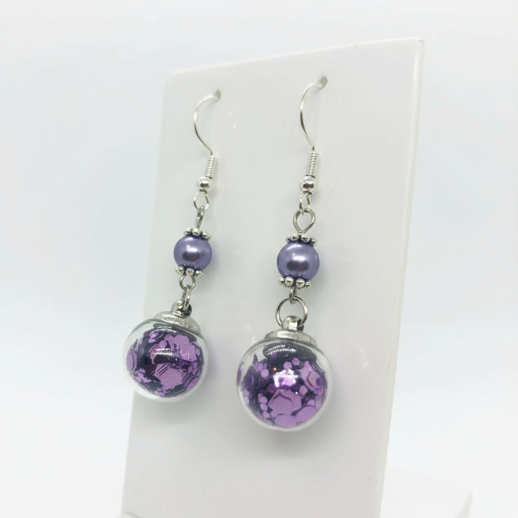 Purple Pearl & Glitter Globe Earrings