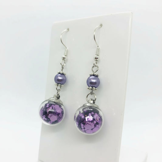 Purple Pearl & Glitter Globe Earrings
