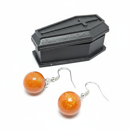 Orange & Black Glitter Ball Earrings in Coffin Box