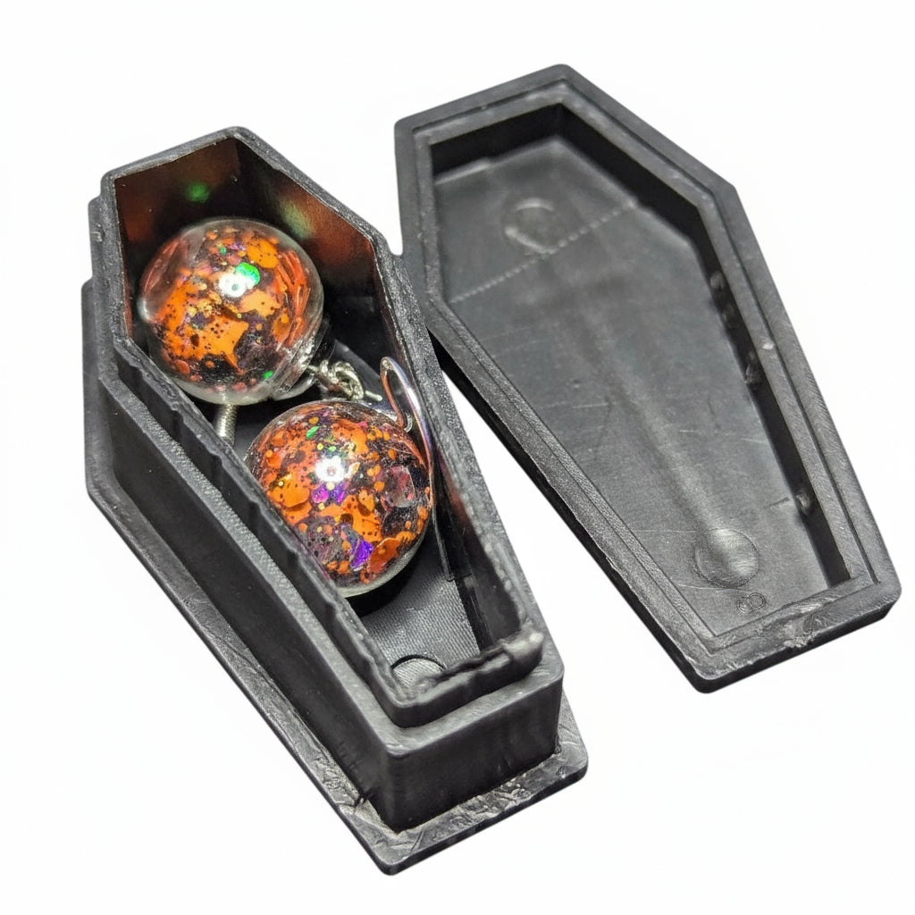 Coffin-Boxed Orange Glitter Ball Earrings
