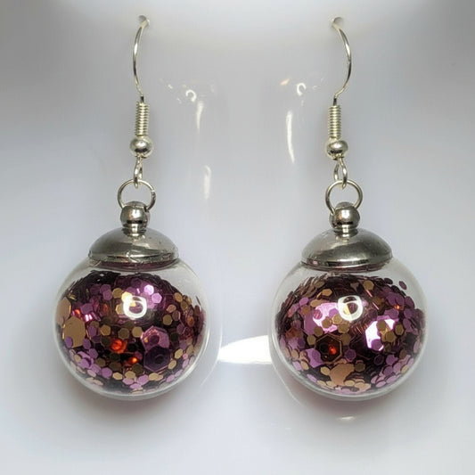 Romantic Pink & Gold Glitter Globe Earrings